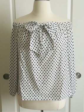 Riley & Rae White Off-Shoulder Polka Dot Blouse with Front Bow